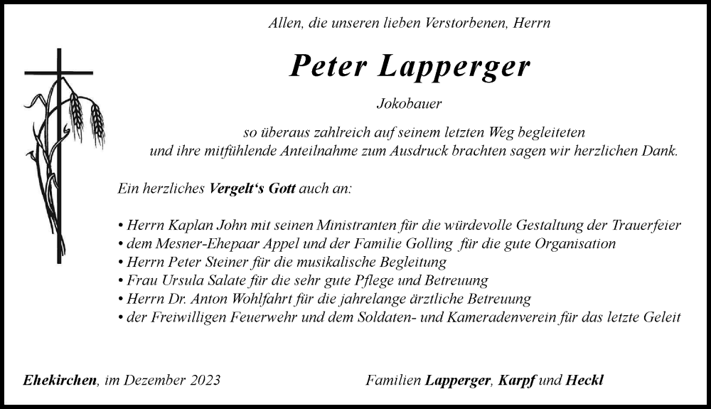 Traueranzeige für Peter Lapperger vom 16.12.2023 aus Neuburger Rundschau
