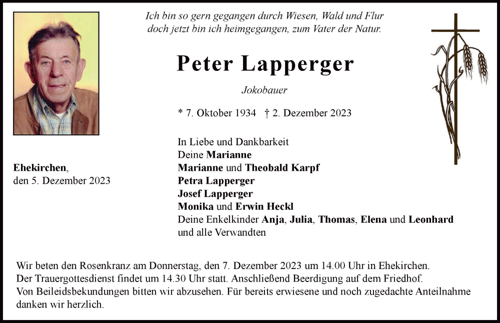  Traueranzeige für Peter Lapperger vom 05.12.2023 aus Neuburger Rundschau