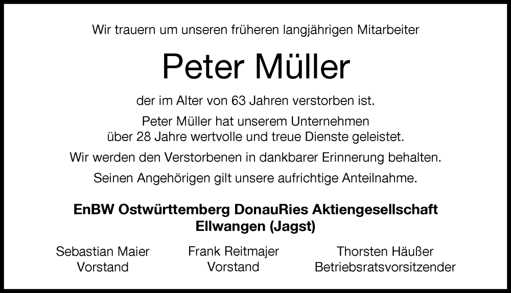 Traueranzeige von Peter Müller von Donau Zeitung