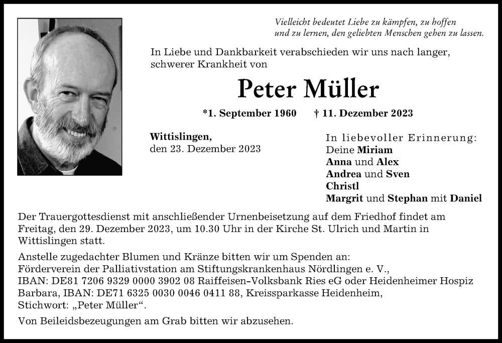 Traueranzeige von Peter Müller von Donau Zeitung