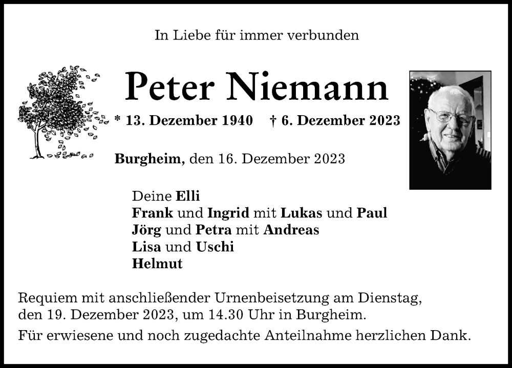 Traueranzeige von Peter Niemann von Neuburger Rundschau