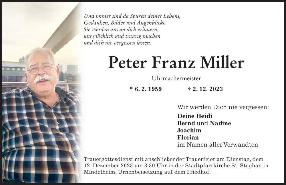 Traueranzeige für Peter Franz Miller vom 09.12.2023 aus Mindelheimer Zeitung