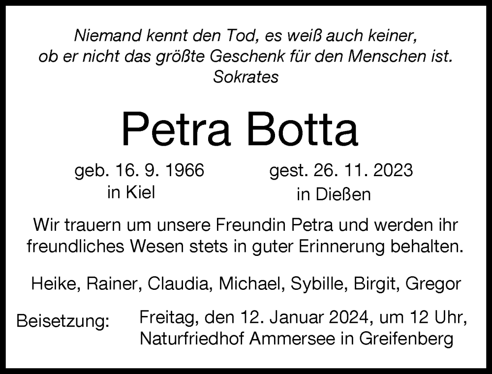 Traueranzeige von Petra Botta von Ammersee Kurier