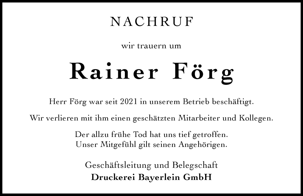 Traueranzeige von Rainer Förg von Augsburger Allgemeine