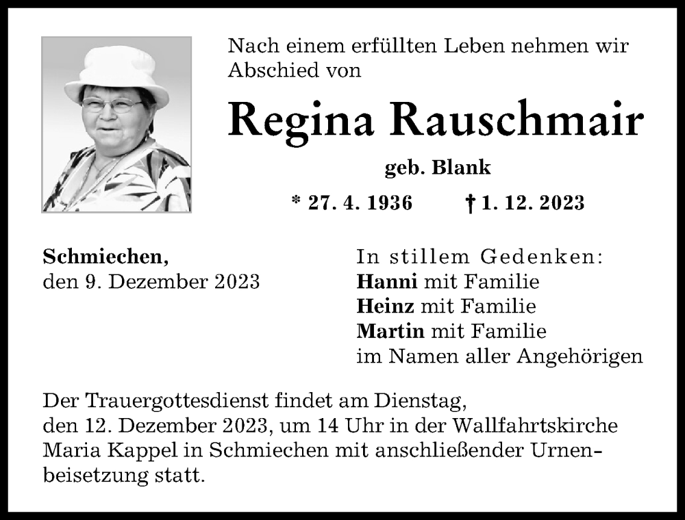  Traueranzeige für Regina Rauschmair vom 09.12.2023 aus Friedberger Allgemeine