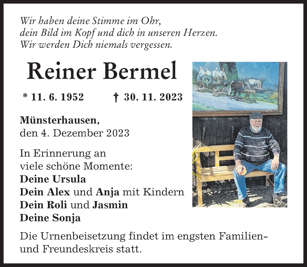  Traueranzeige für Reiner Bermel vom 04.12.2023 aus Mittelschwäbische Nachrichten, Günzburger Zeitung