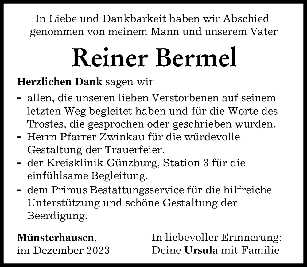  Traueranzeige für Reiner Bermel vom 16.12.2023 aus Mittelschwäbische Nachrichten, Günzburger Zeitung