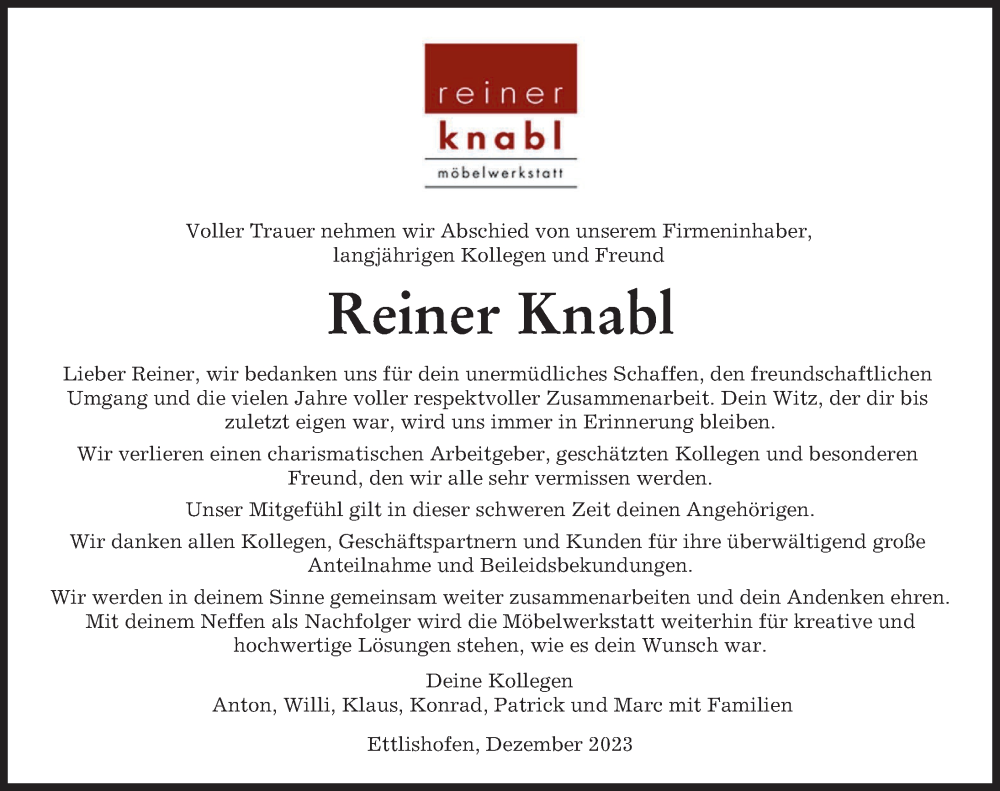  Traueranzeige für Reiner Knabl vom 02.12.2023 aus Neu-Ulmer Zeitung