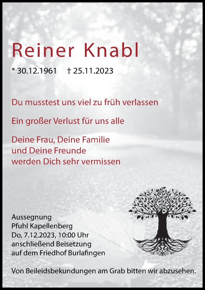  Traueranzeige für Reiner Knabl vom 02.12.2023 aus Augsburger Allgemeine, Neu-Ulmer Zeitung