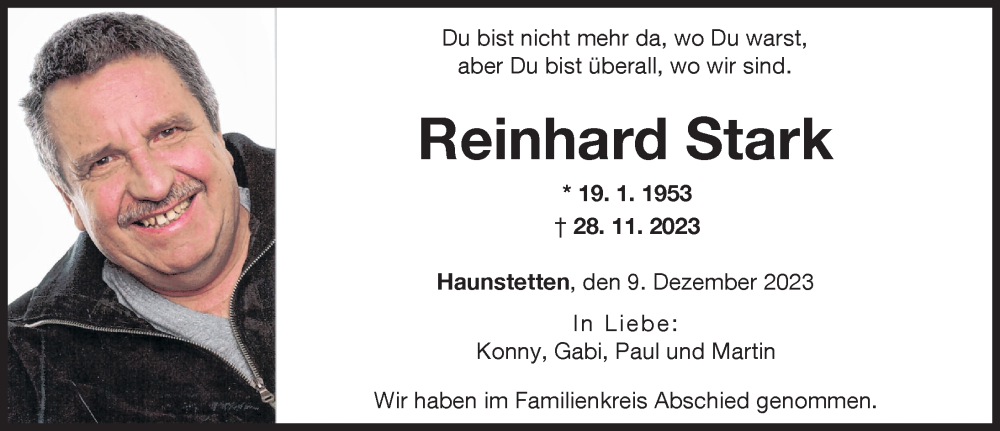  Traueranzeige für Reinhard Stark vom 09.12.2023 aus Augsburger Allgemeine