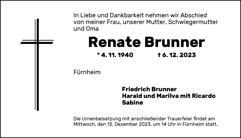 Traueranzeige von Renate Brunner von Rieser Nachrichten