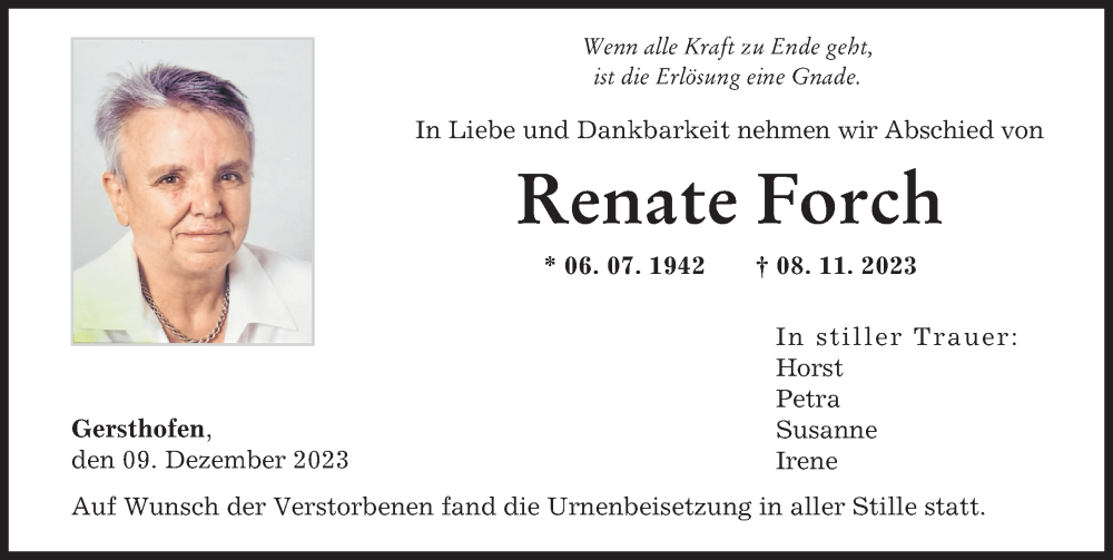  Traueranzeige für Renate Forch vom 09.12.2023 aus Augsburger Allgemeine