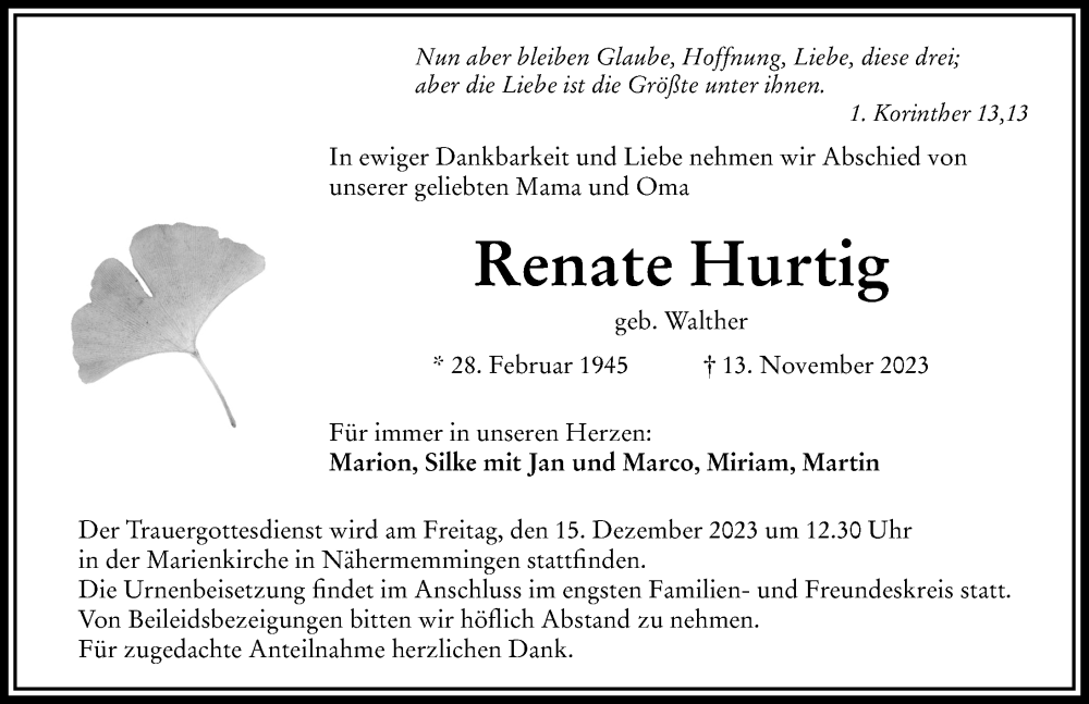  Traueranzeige für Renate Hurtig vom 09.12.2023 aus Rieser Nachrichten