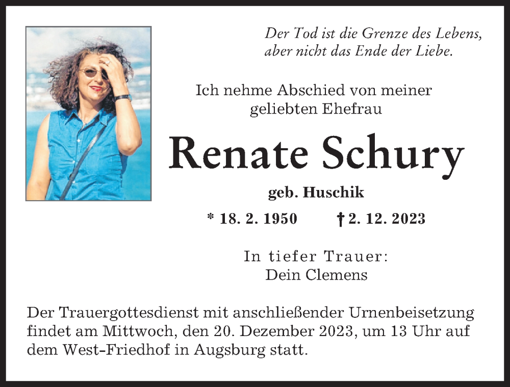 Traueranzeige von Renate Schury von Augsburger Allgemeine