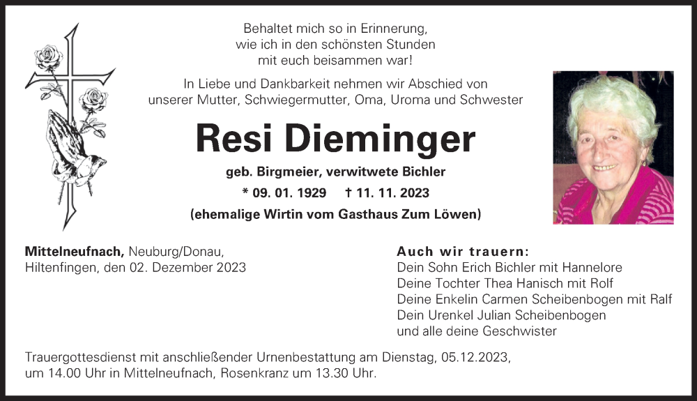  Traueranzeige für Resi Dieminger vom 02.12.2023 aus Schwabmünchner Allgemeine