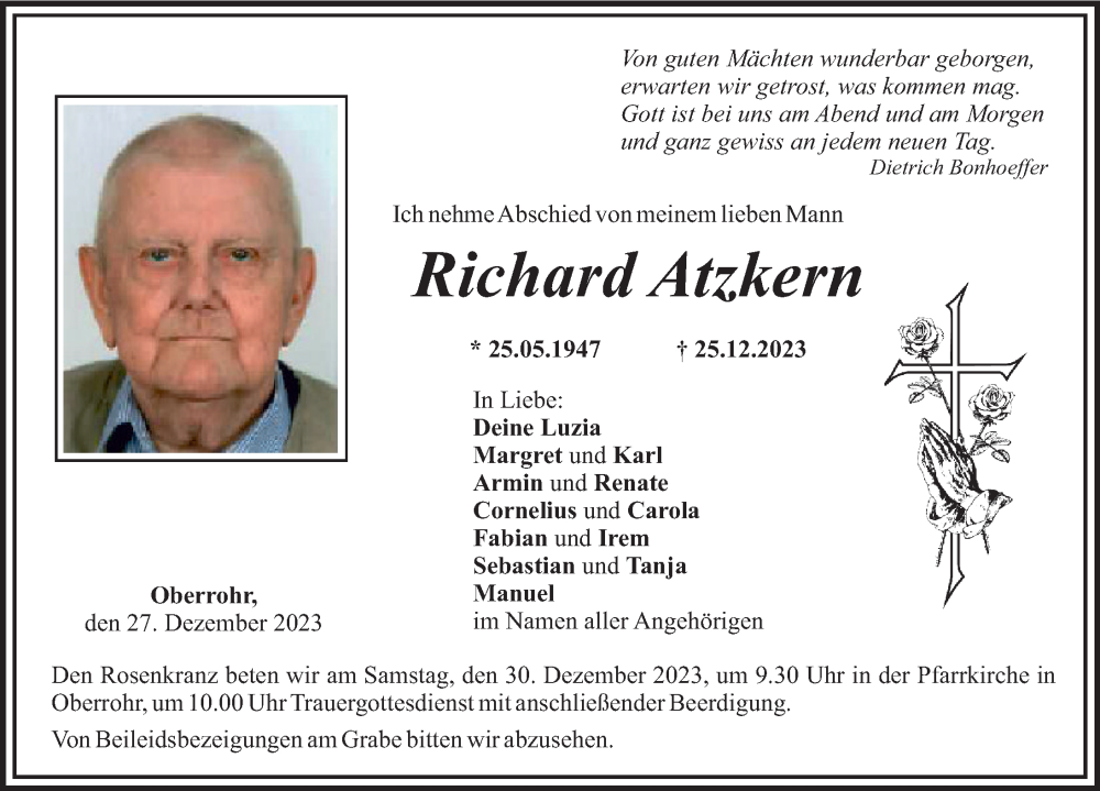 Traueranzeige von Richard Atzkern von Mittelschwäbische Nachrichten