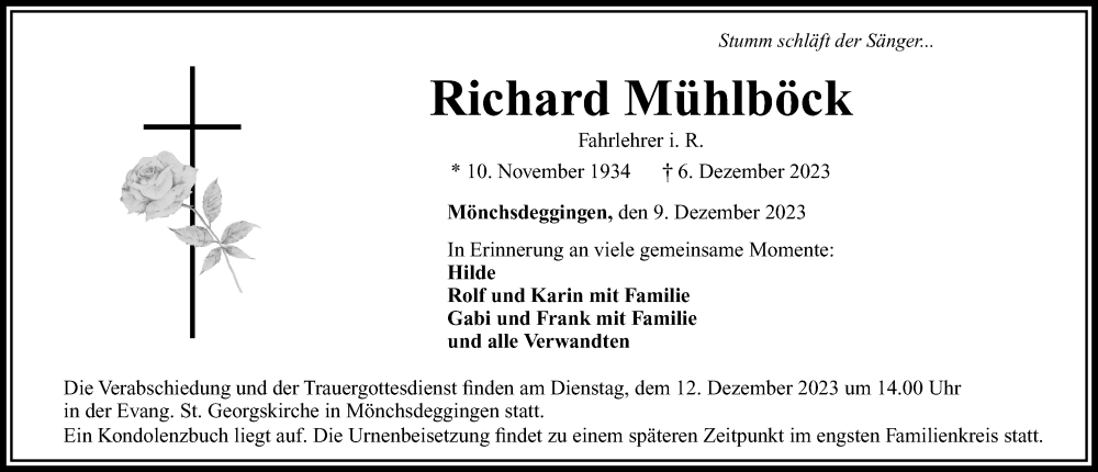 Traueranzeige für Richard Mühlböck vom 09.12.2023 aus Rieser Nachrichten