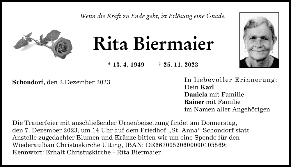  Traueranzeige für Rita Biermaier vom 02.12.2023 aus Landsberger Tagblatt