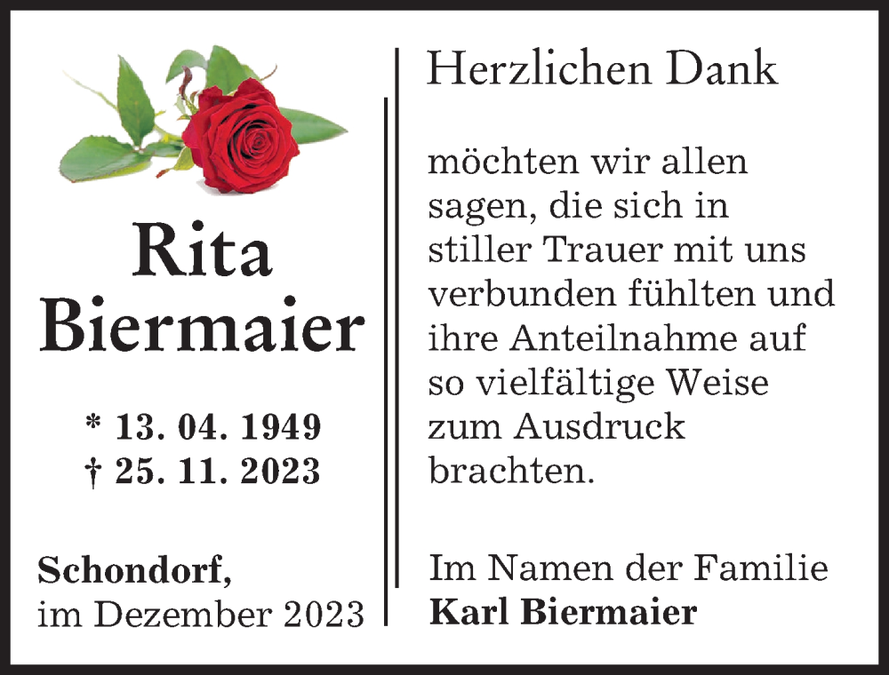  Traueranzeige für Rita Biermaier vom 16.12.2023 aus Landsberger Tagblatt