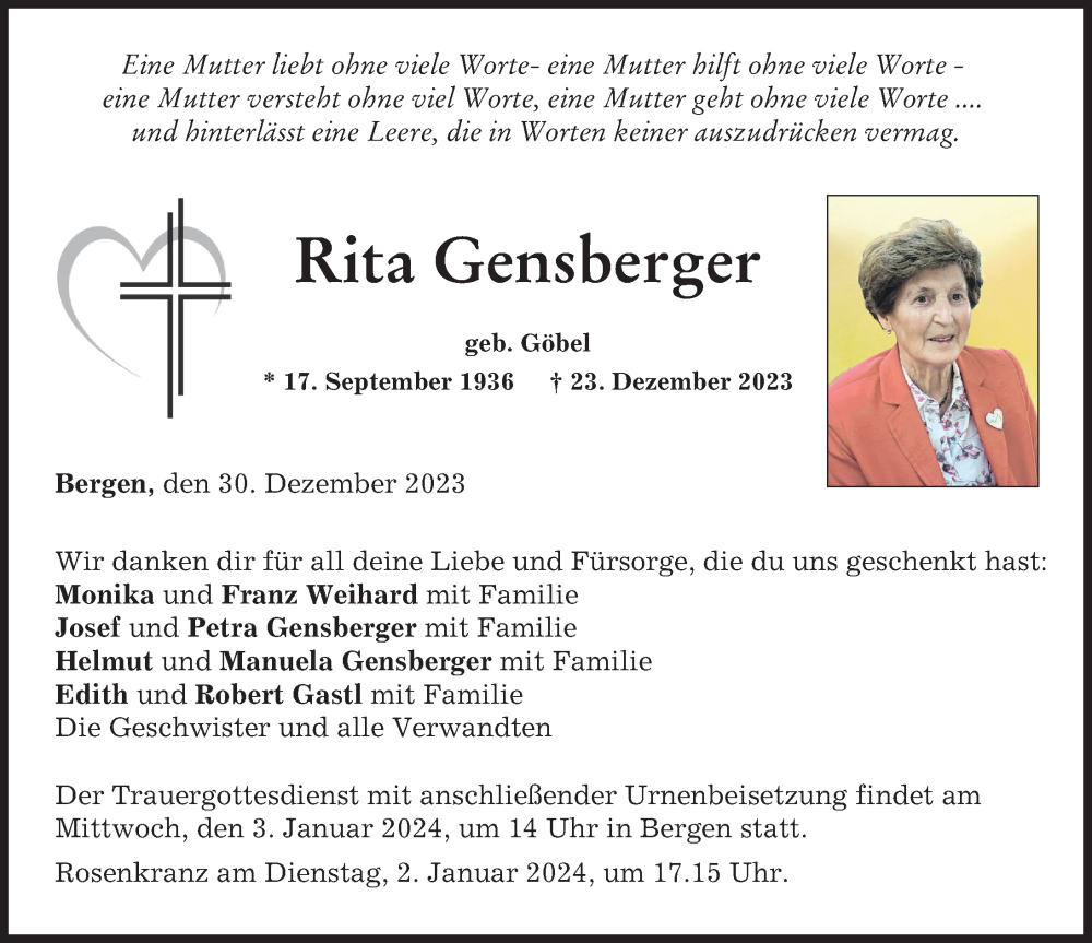 Traueranzeige von Rita Gensberger von Neuburger Rundschau