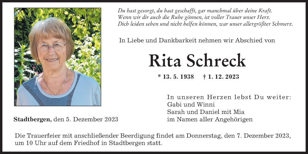  Traueranzeige für Rita Schreck vom 05.12.2023 aus Augsburger Allgemeine