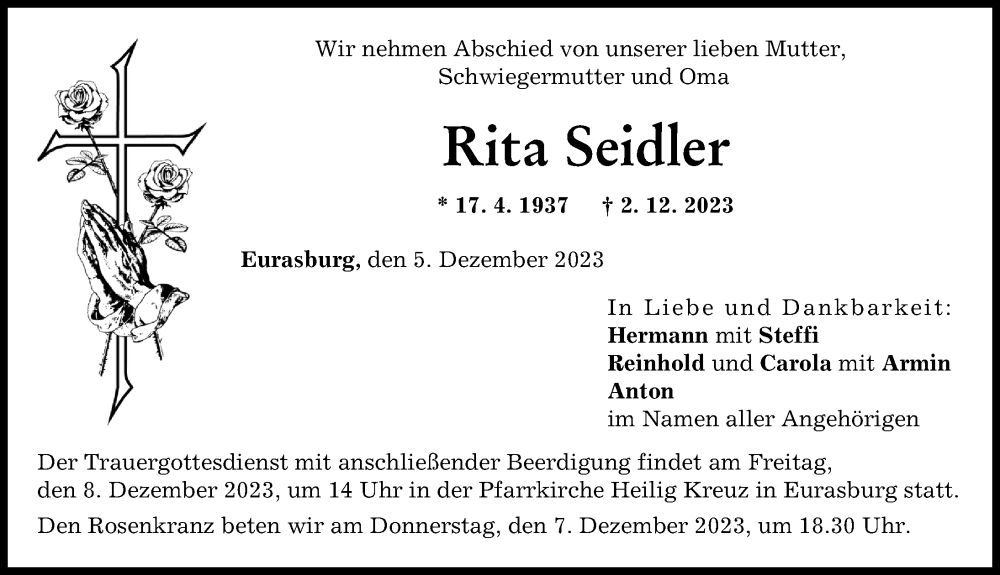  Traueranzeige für Rita Seidler vom 05.12.2023 aus Friedberger Allgemeine