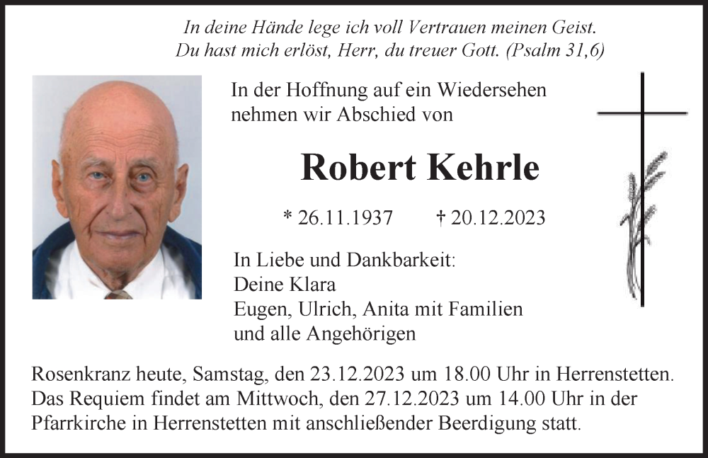 Traueranzeige von Robert Kehrle von Illertisser Zeitung