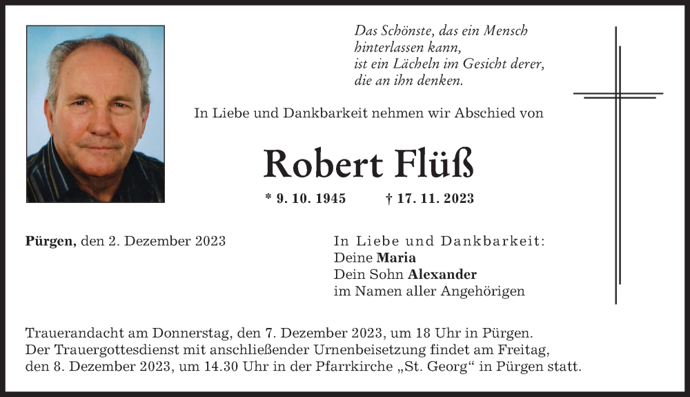 Traueranzeige für Robert Miß vom 02.12.2023 aus Landsberger Tagblatt