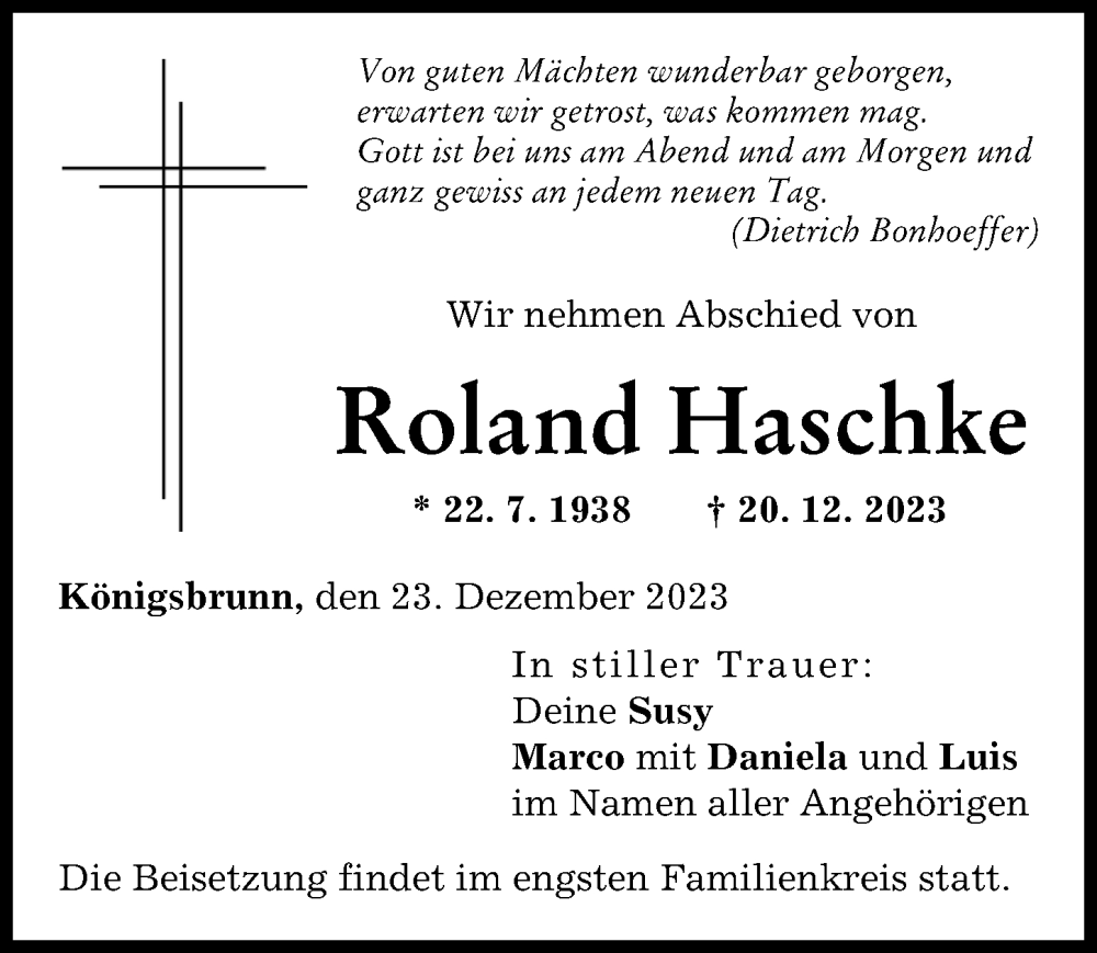 Traueranzeige von Roland Haschke von Augsburger Allgemeine