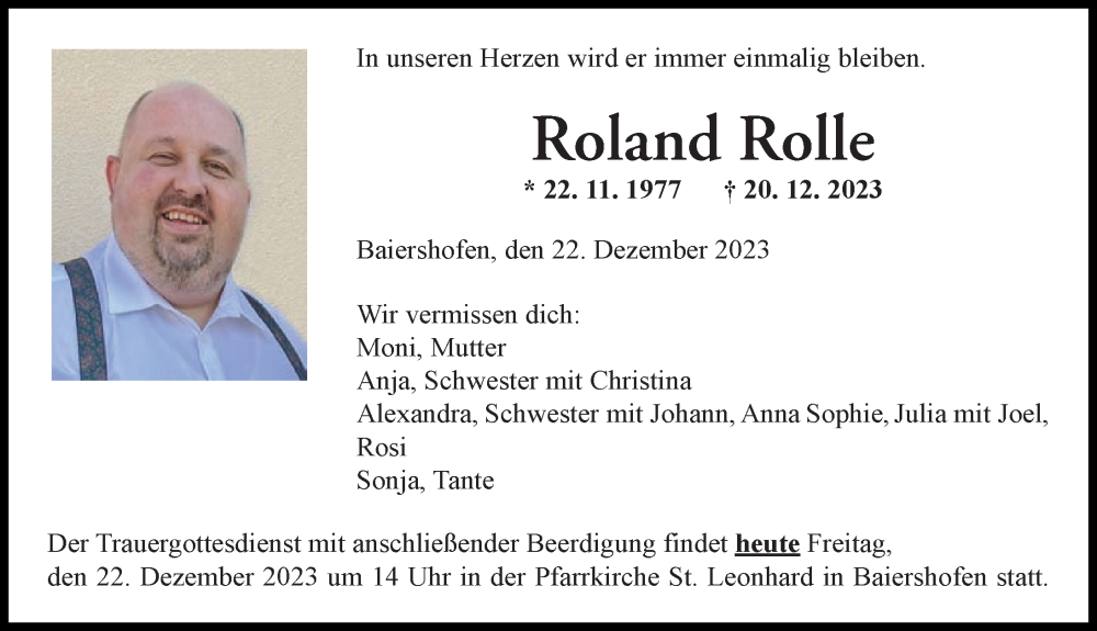  Traueranzeige für Roland Martin  Rolle vom 22.12.2023 aus Wertinger Zeitung, Augsburg-Land