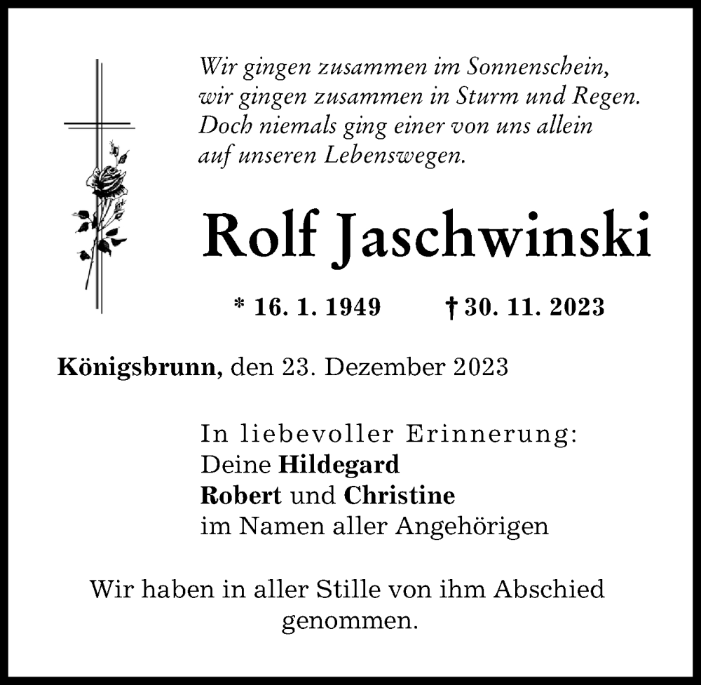 Traueranzeige von Rolf Jaschwinski von Schwabmünchner Allgemeine