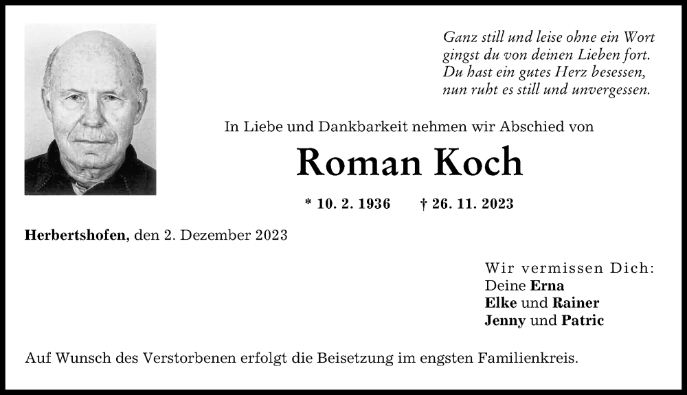  Traueranzeige für Roman Koch vom 02.12.2023 aus Augsburg-Land