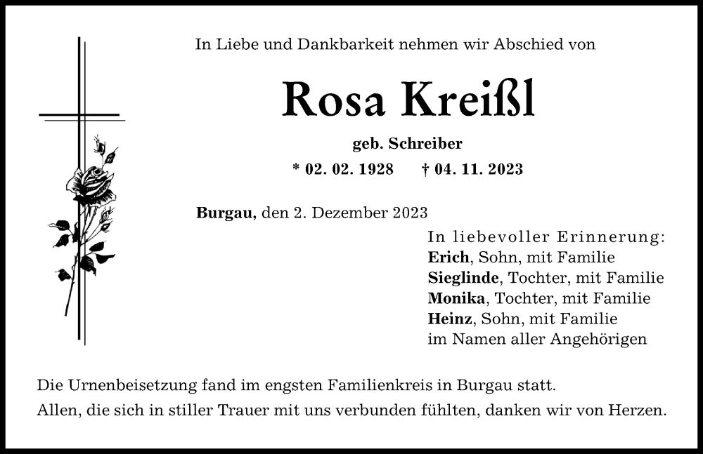  Traueranzeige für Rosa Kreißl vom 02.12.2023 aus Günzburger Zeitung