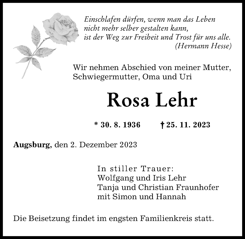  Traueranzeige für Rosa Lehr vom 02.12.2023 aus Augsburger Allgemeine