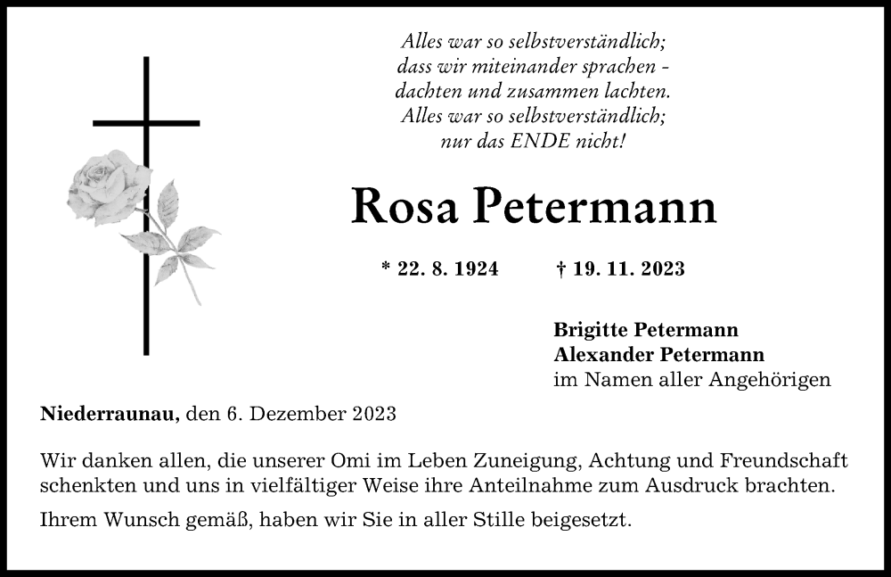  Traueranzeige für Rosa Petermann vom 06.12.2023 aus Mittelschwäbische Nachrichten