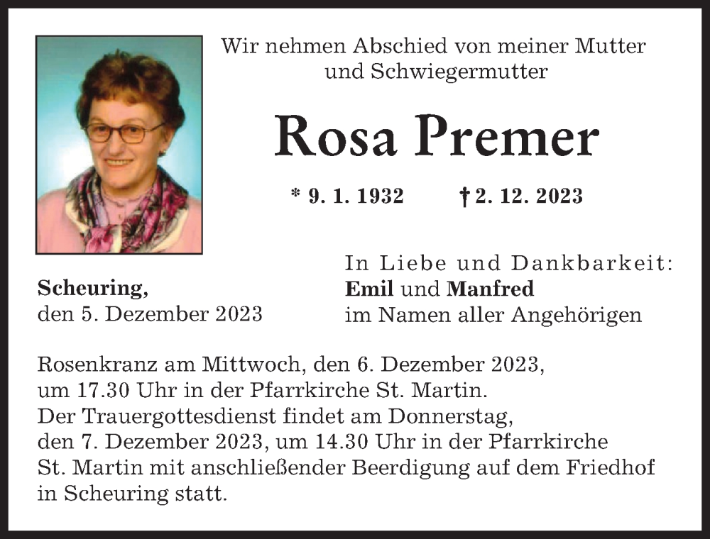  Traueranzeige für Rosa Premer vom 05.12.2023 aus Landsberger Tagblatt