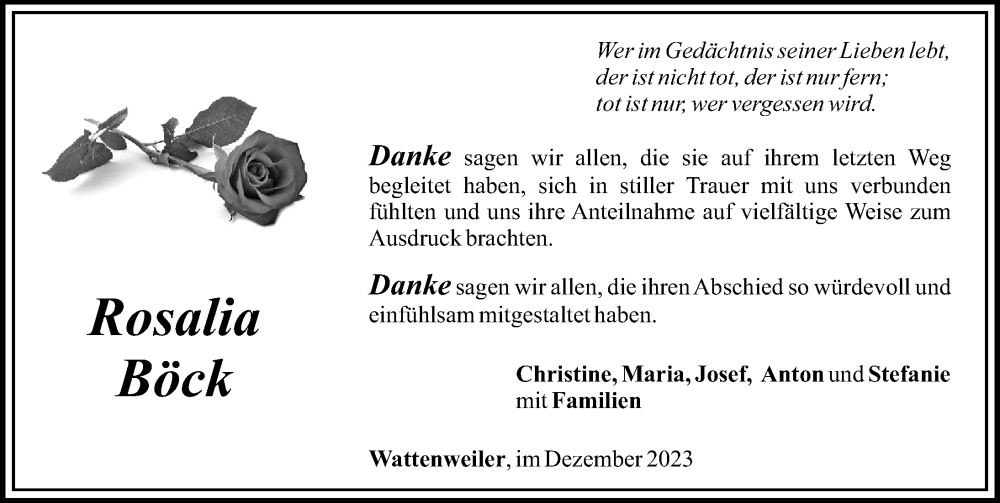  Traueranzeige für Rosalia Böck vom 18.12.2023 aus Mittelschwäbische Nachrichten