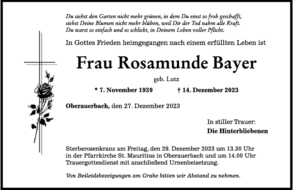 Traueranzeige von Rosamunde Bayer von Mindelheimer Zeitung