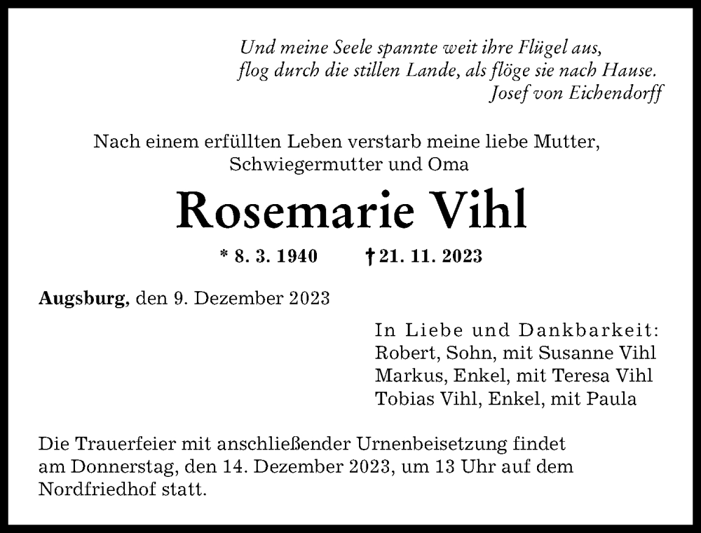  Traueranzeige für Rosemarie Vihl vom 09.12.2023 aus Augsburger Allgemeine
