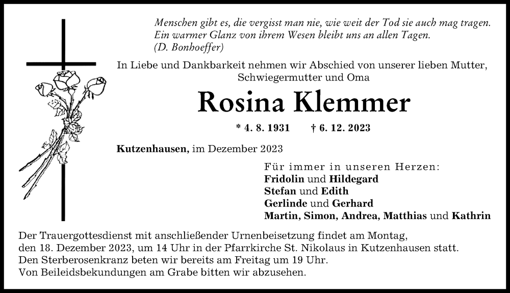 Traueranzeige von Rosina Klemmer von Augsburg-Land