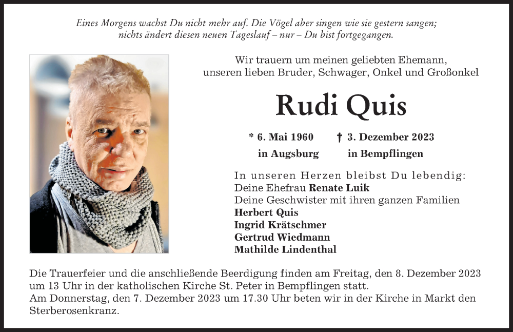  Traueranzeige für Rudi Quis vom 06.12.2023 aus Augsburg-Land