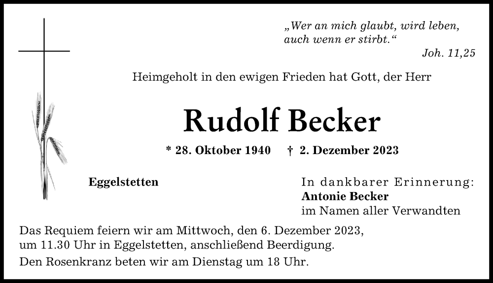  Traueranzeige für Rudolf Becker vom 04.12.2023 aus Donauwörther Zeitung