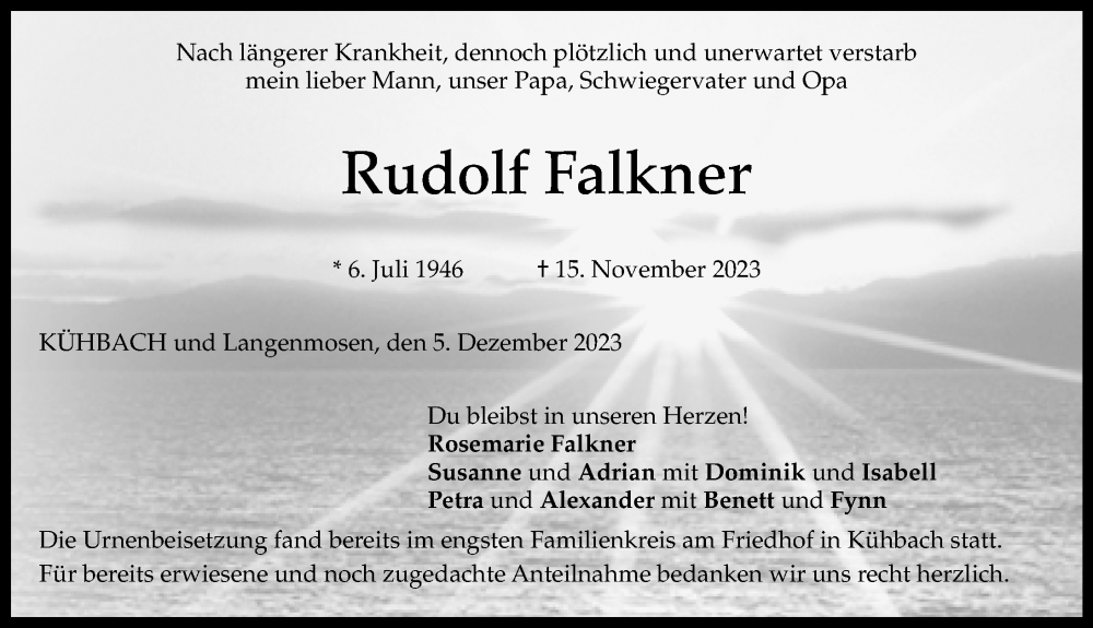  Traueranzeige für Rudolf Falkner vom 05.12.2023 aus Aichacher Nachrichten