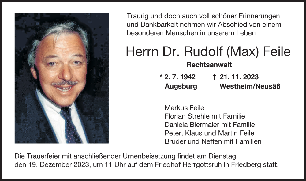 Traueranzeige für Rudolf  Feile vom 06.12.2023 aus Friedberger Allgemeine, Augsburger Allgemeine