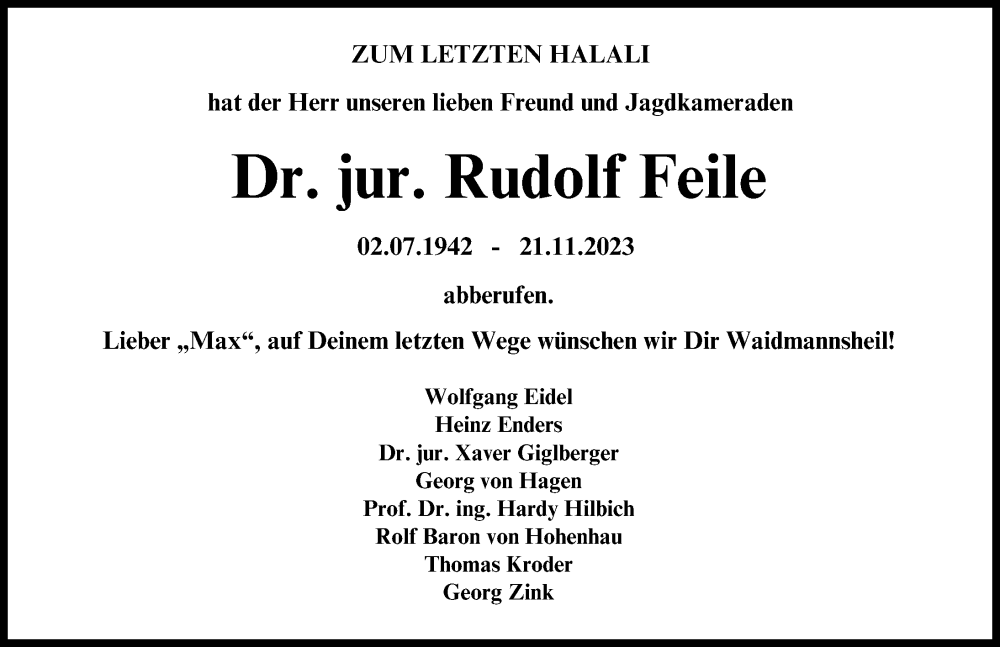  Traueranzeige für Rudolf  Feile vom 09.12.2023 aus Augsburger Allgemeine