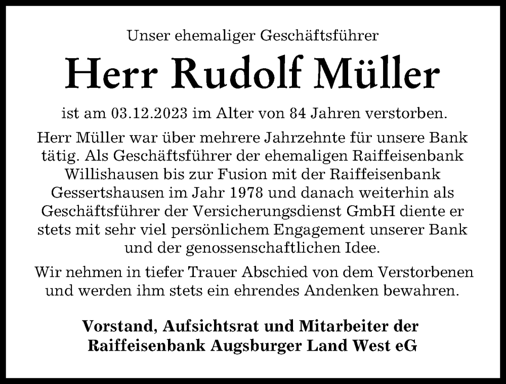  Traueranzeige für Rudolf Müller vom 13.12.2023 aus Augsburg-Land