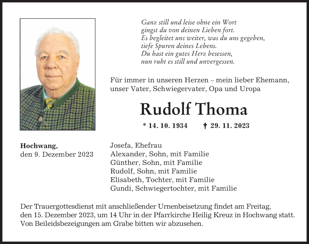  Traueranzeige für Rudolf Thoma vom 09.12.2023 aus Günzburger Zeitung