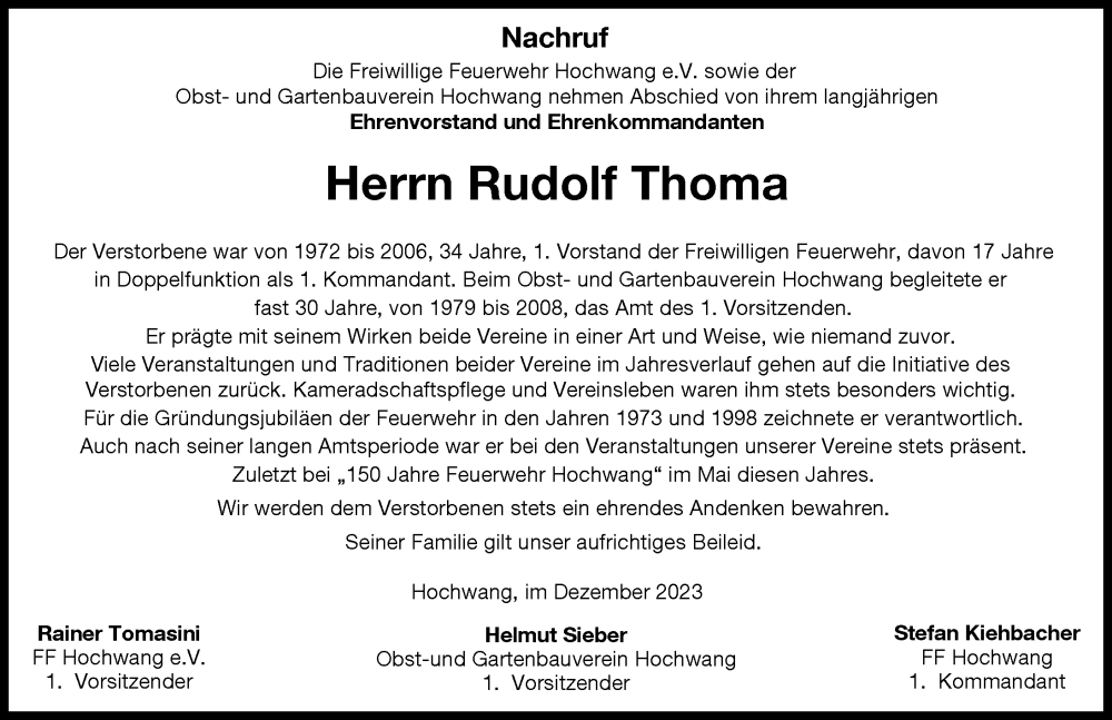  Traueranzeige für Rudolf Thoma vom 09.12.2023 aus Günzburger Zeitung