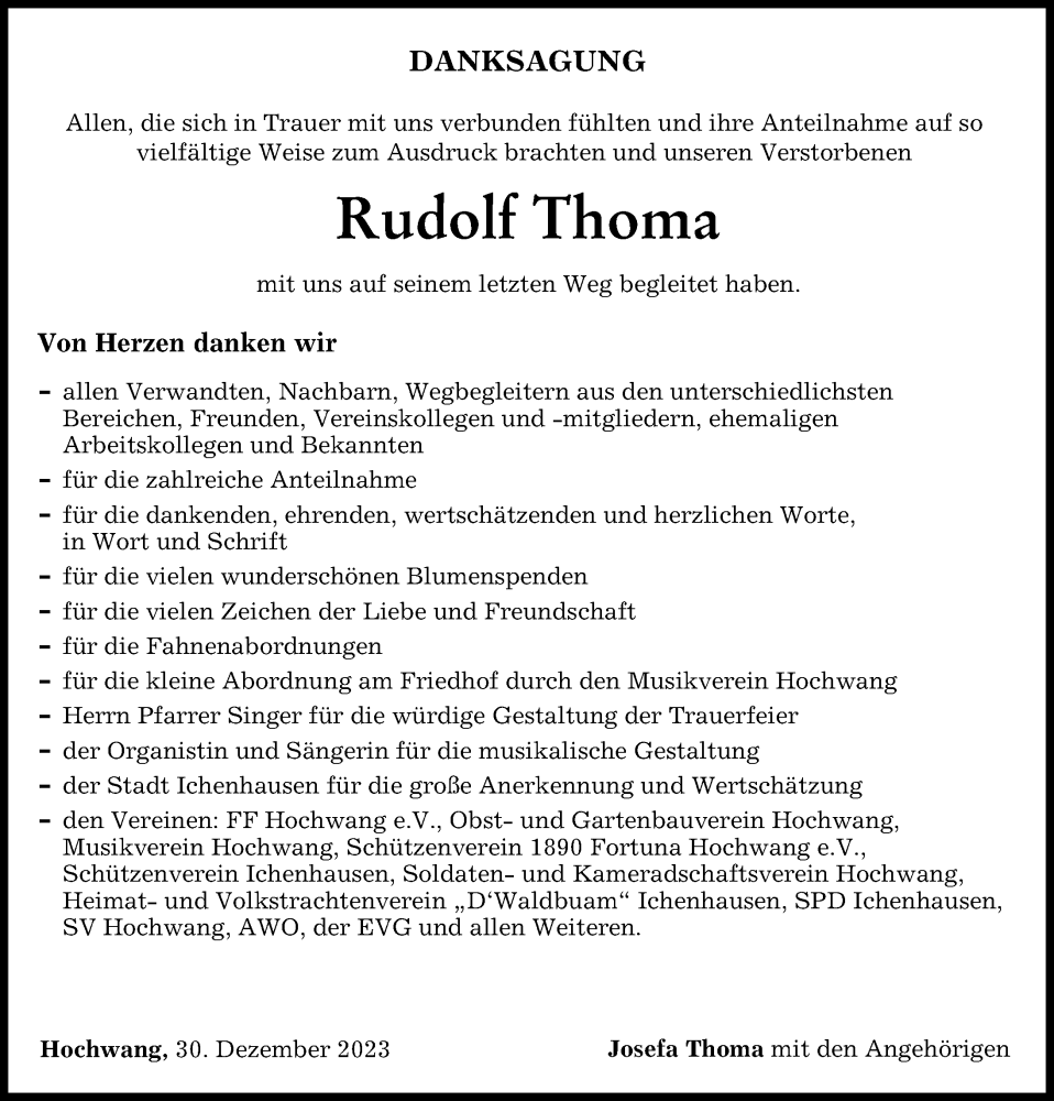  Traueranzeige für Rudolf Thoma vom 30.12.2023 aus Günzburger Zeitung