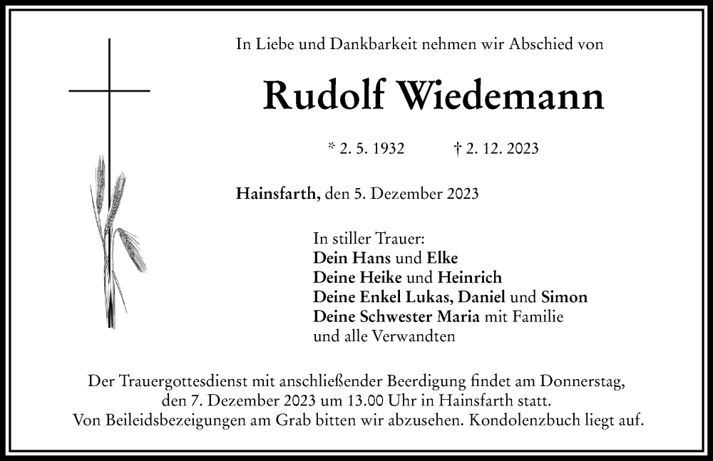 Traueranzeige für Rudolf Wiedemann vom 05.12.2023 aus Rieser Nachrichten
